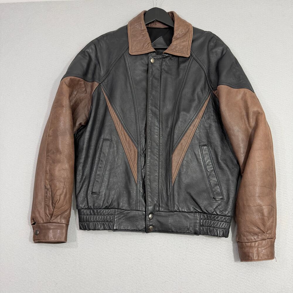 Reed Sportwear Leather Two Tone Bomber Jacket Men's Medium Black Brown 90s Biker